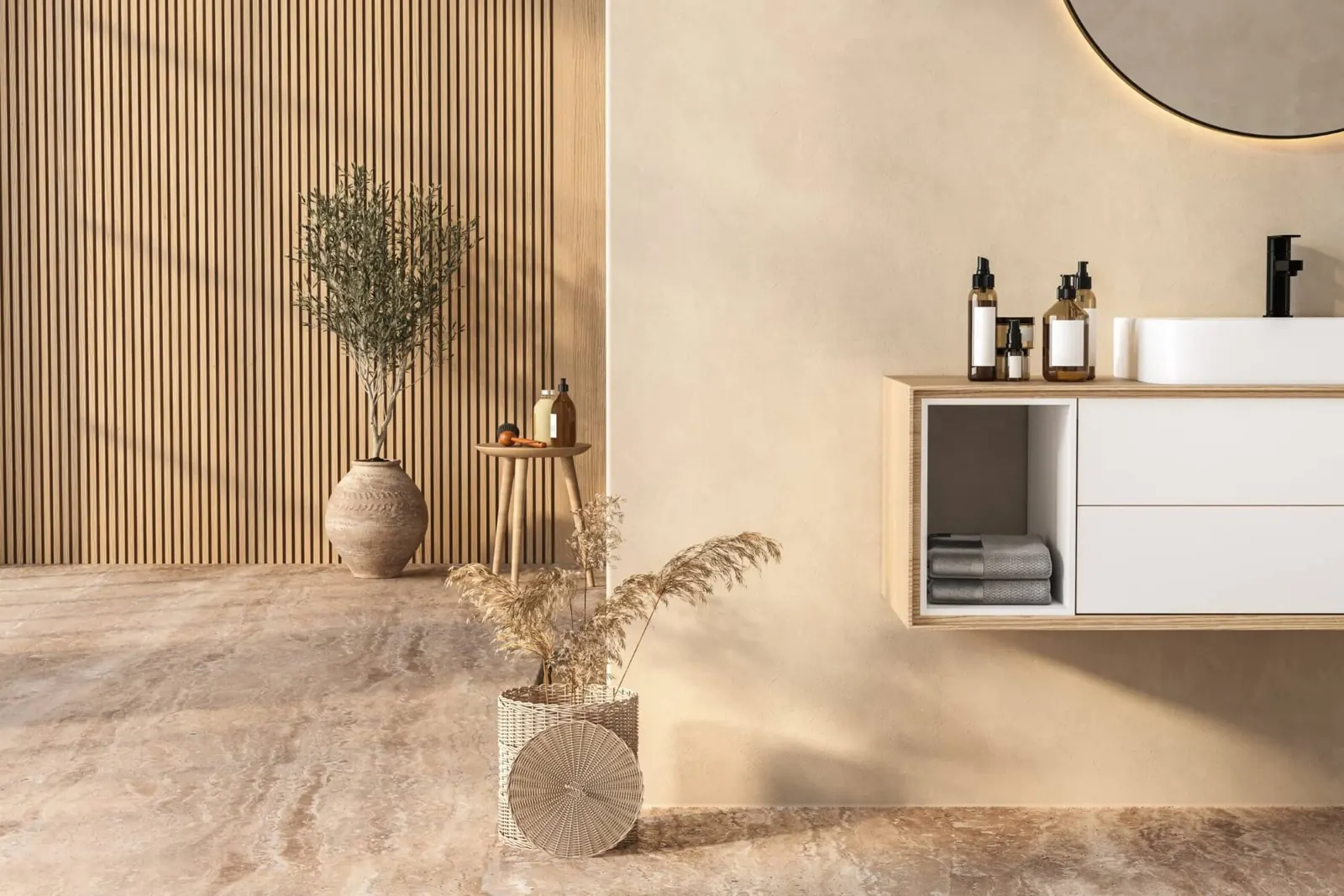 Light oak cladding in a calm bathroom