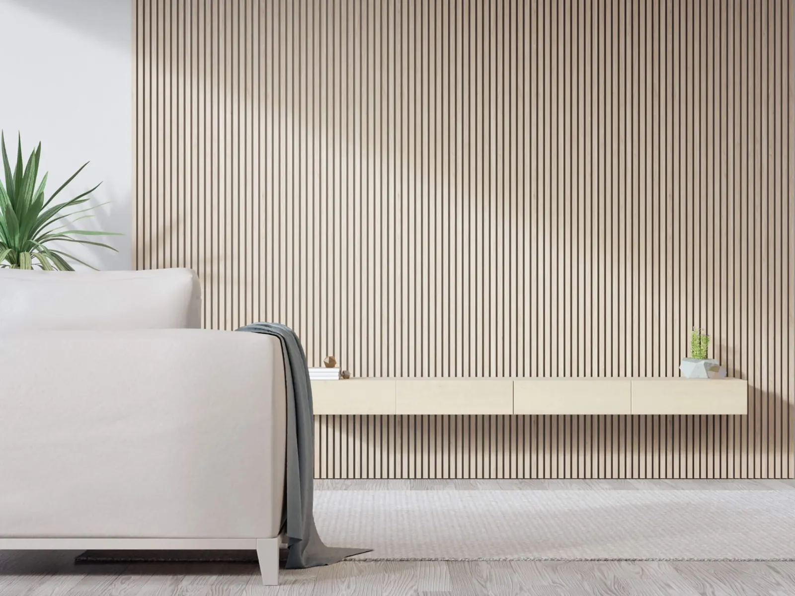 Pale oak slat cladding behind a sofa in a living room