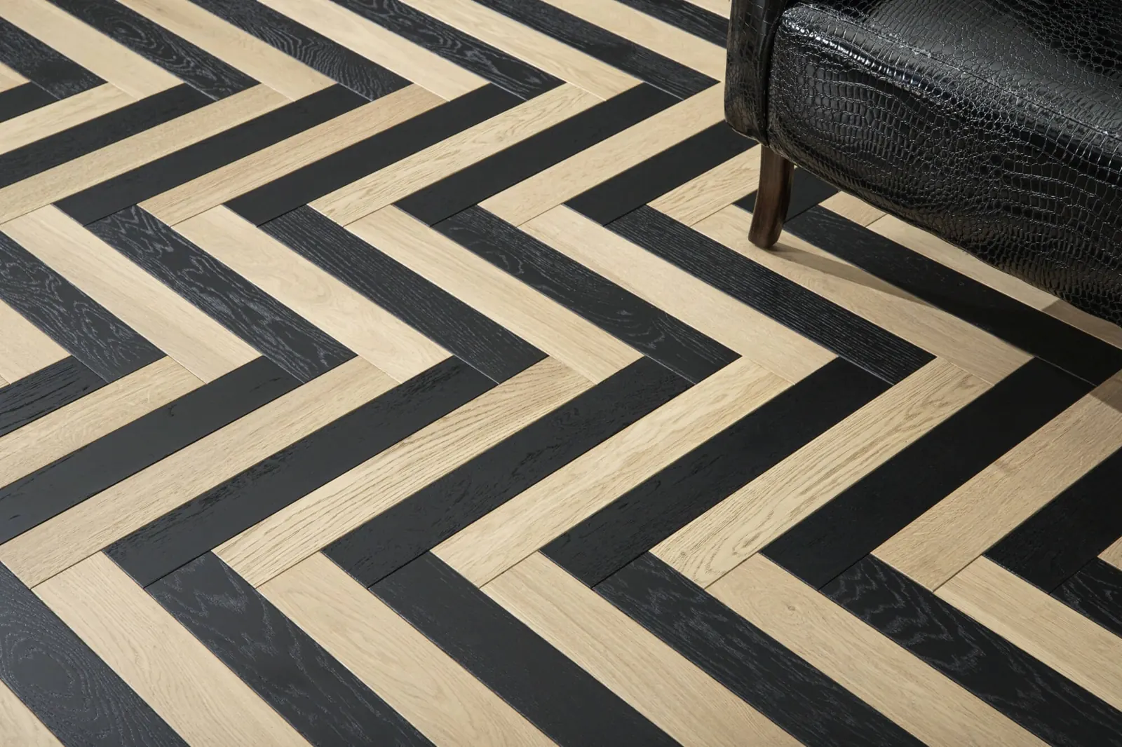 Black and natural oak laid in a bold chevron pattern