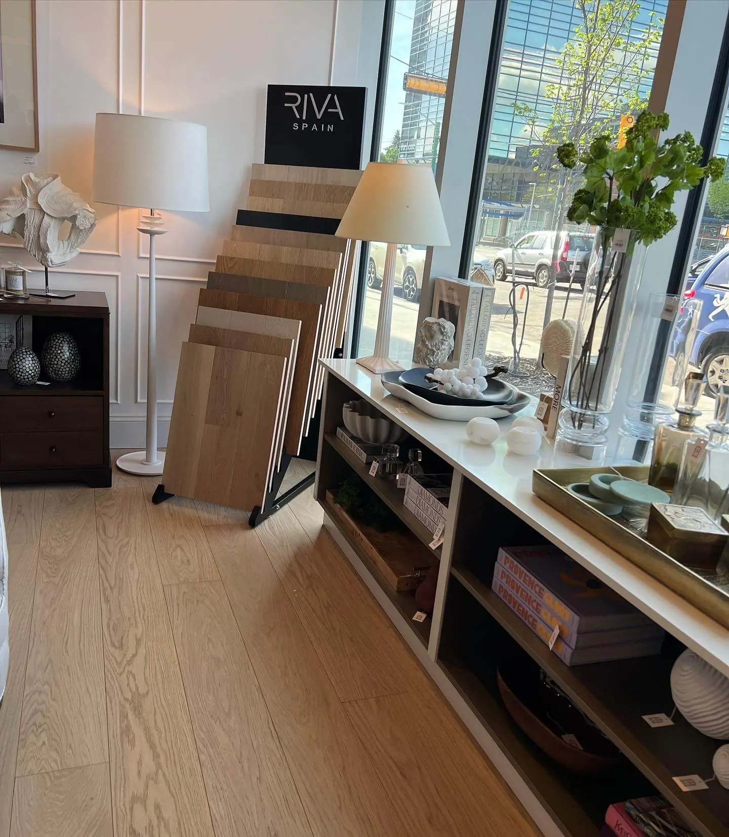 RIVA Spain sample boards on display in the Elite Hardwood Flooring showroom in Annapolis